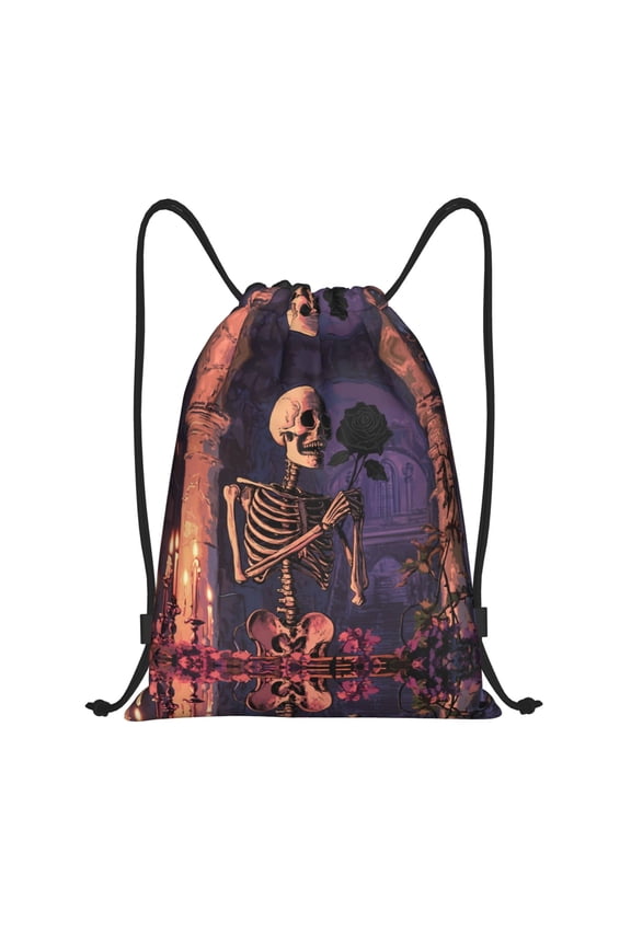 Drawstring Backpack - Halloween Gothic Skull Rose C Splash Proof Small Drawstring Gym Bag for Women Men, Cinch Sports String Bag Backpack for Travel Swimming Beach