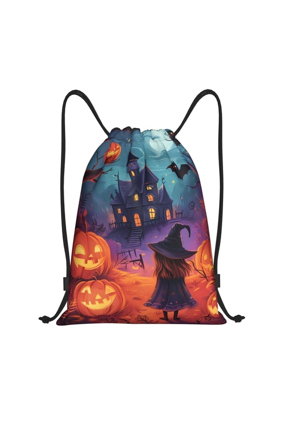 Drawstring Backpack - Halloween Pumpkin Castle Witch Splash Proof Small Drawstring Gym Bag for Women Men, Cinch Sports String Bag Backpack for Travel Swimming Beach