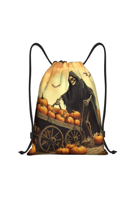 Drawstring Backpack - Halloween Rice Field Pumpkin Skull Splash Proof Small Drawstring Gym Bag for Women Men, Cinch Sports String Bag Backpack for Travel Swimming Beach