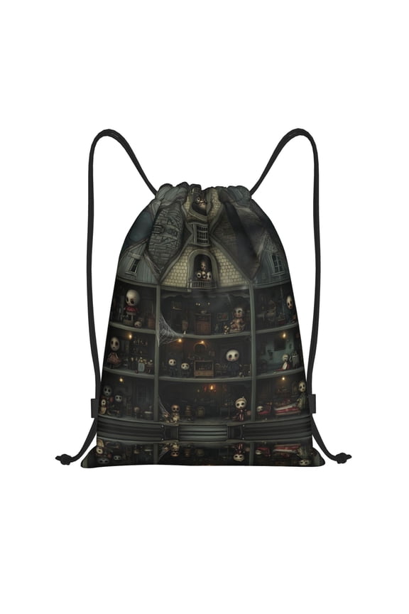 Drawstring Backpack - Halloween Scary Dollhouse B Splash Proof Small Drawstring Gym Bag for Women Men, Cinch Sports String Bag Backpack for Travel Swimming Beach