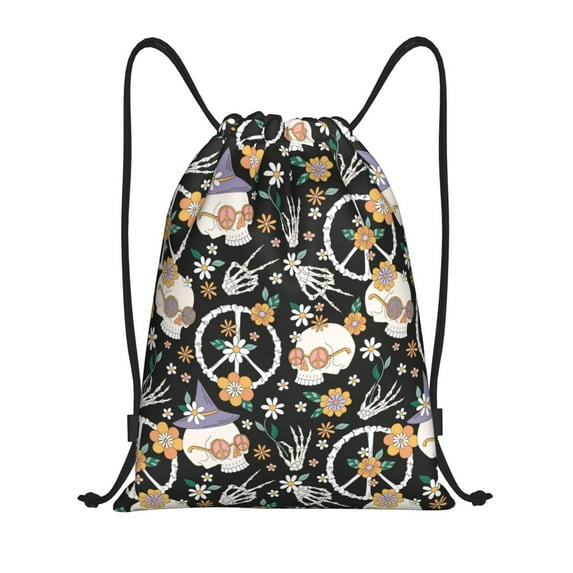 Drawstring Backpack - Halloween Scull Peace Sign cool Gym Bag for Women Men Water Resistant Drawstring Bags Sackpack for Gym Shopping Sport Yoga