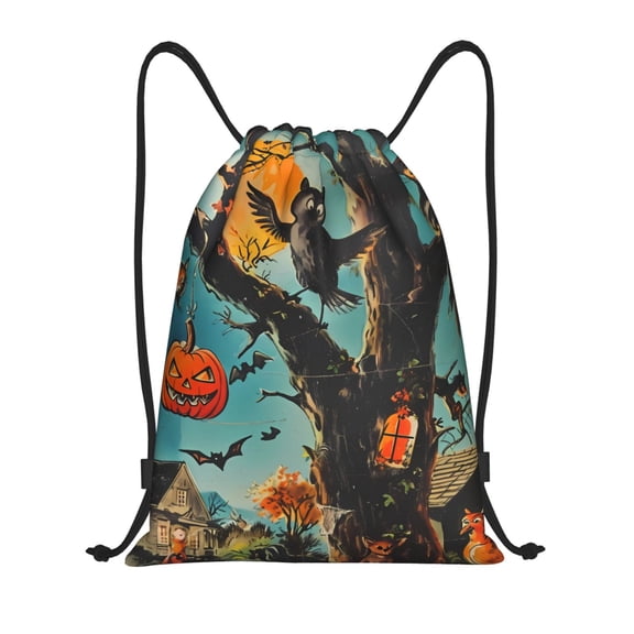 Drawstring Backpack - Halloween Tree Branch Village Splash Proof Small Drawstring Gym Bag for Women Men, Cinch Sports String Bag Backpack for Travel Swimming Beach