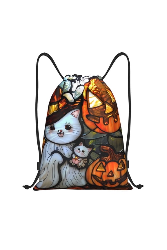 Drawstring Backpack - Halloween Witch Cat Art Splash Proof Small Drawstring Gym Bag for Women Men, Cinch Sports String Bag Backpack for Travel Swimming Beach