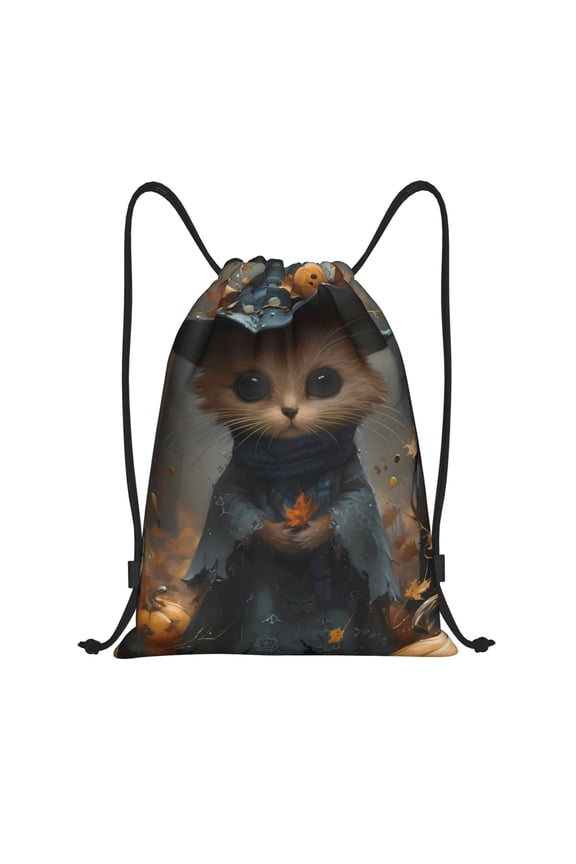 Drawstring Backpack - Halloween Witch Cat with Pumpkins Splash Proof Small Drawstring Gym Bag for Women Men, Cinch Sports String Bag Backpack for Travel Swimming Beach