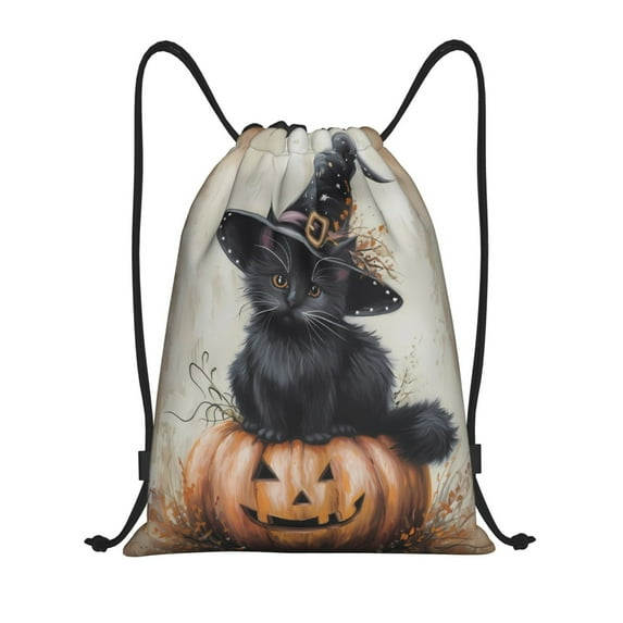 Drawstring Backpack - Halloween Witch Hat Black Cat Splash Proof Small Drawstring Gym Bag for Women Men, Cinch Sports String Bag Backpack for Travel Swimming Beach