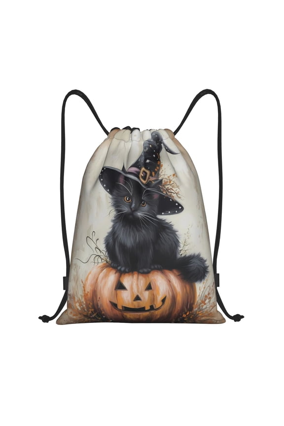 Drawstring Backpack - Halloween Witch Hat Black Cat Splash Proof Small Drawstring Gym Bag for Women Men, Cinch Sports String Bag Backpack for Travel Swimming Beach