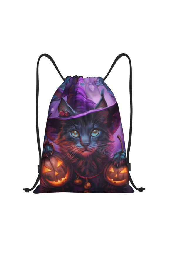 Drawstring Backpack - Halloween Witch Hat Cat Splash Proof Small Drawstring Gym Bag for Women Men, Cinch Sports String Bag Backpack for Travel Swimming Beach