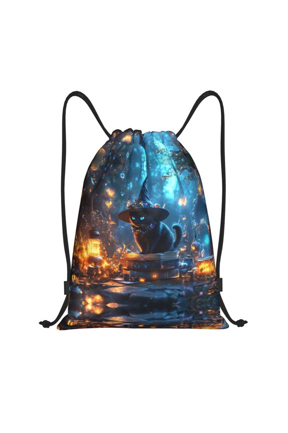 Drawstring Backpack - Halloween Witch Hat Cat k Splash Proof Small Drawstring Gym Bag for Women Men, Cinch Sports String Bag Backpack for Travel Swimming Beach