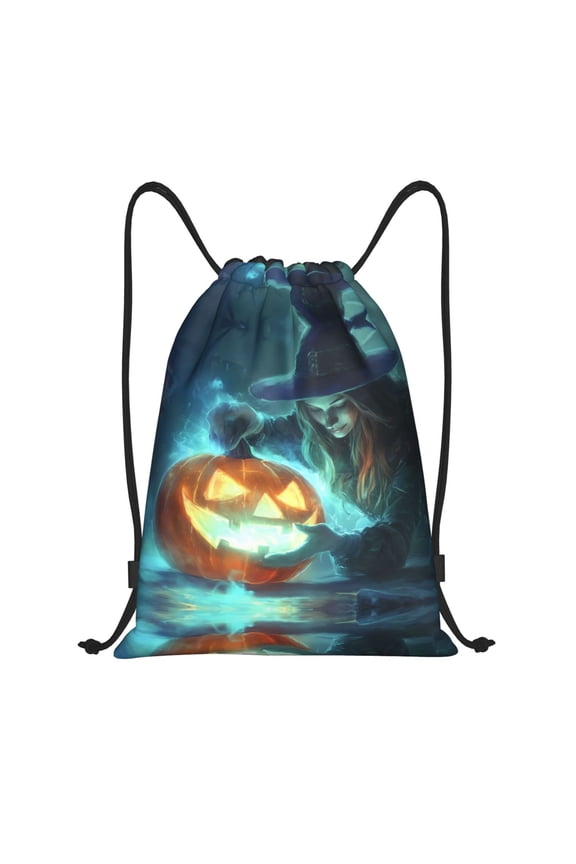 Drawstring Backpack - Halloween Witch Mysterious Pumpkin A Splash Proof Small Drawstring Gym Bag for Women Men, Cinch Sports String Bag Backpack for Travel Swimming Beach