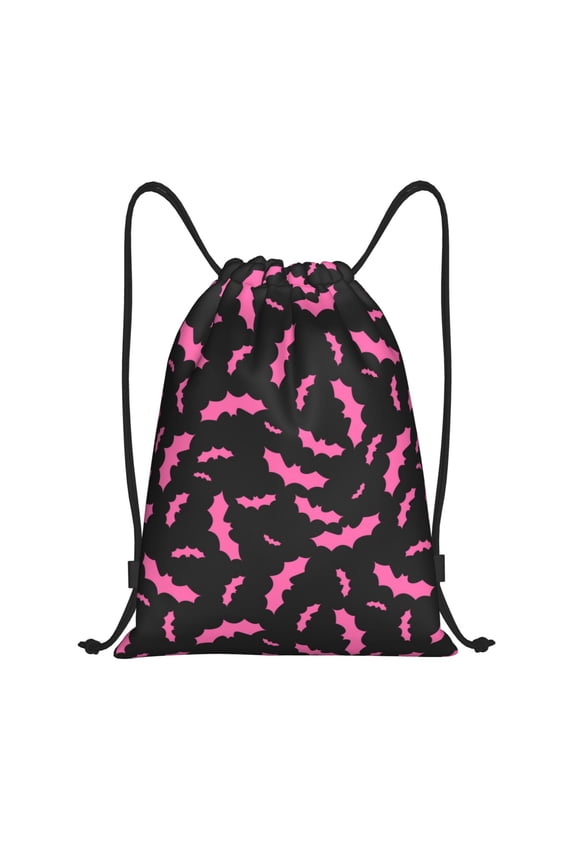 Drawstring Backpack - Halloween pink bats black cool Splash Proof Small Drawstring Gym Bag for Women Men, Cinch Sports String Bag Backpack for Travel Swimming Beach