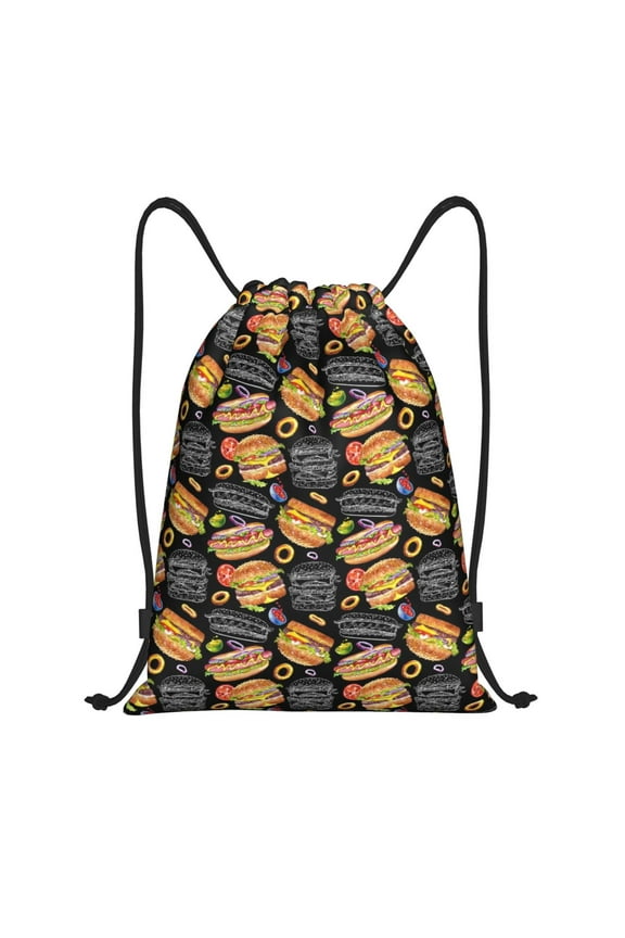 Drawstring Backpack - Hamburgers Hot Dogs Splash Proof Small Drawstring Gym Bag for Women Men, Cinch Sports String Bag Backpack for Travel Swimming Beach