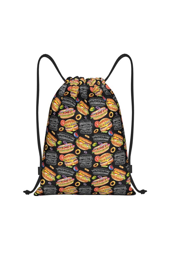Drawstring Backpack - Hamburgers Hot Dogs Splash Proof Small Drawstring Gym Bag for Women Men, Cinch Sports String Bag Backpack for Travel Swimming Beach