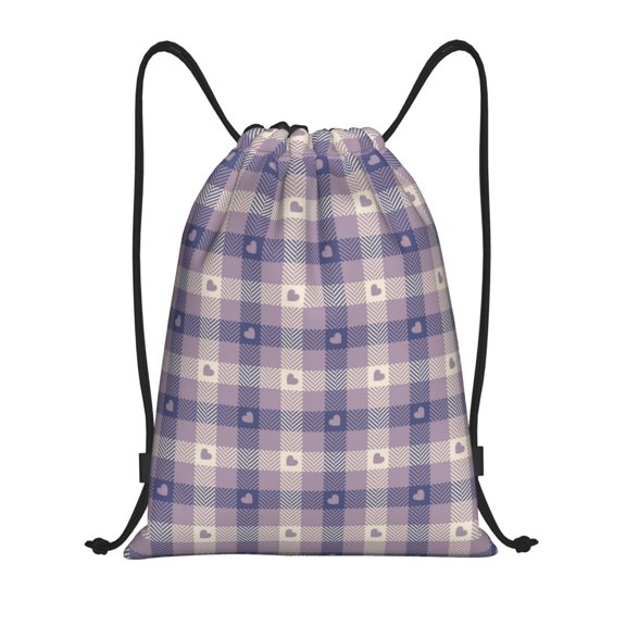 Drawstring Backpack - Heart Check Plaid Splash Proof Small Drawstring Gym Bag for Women Men, Cinch Sports String Bag Backpack for Travel Swimming Beach