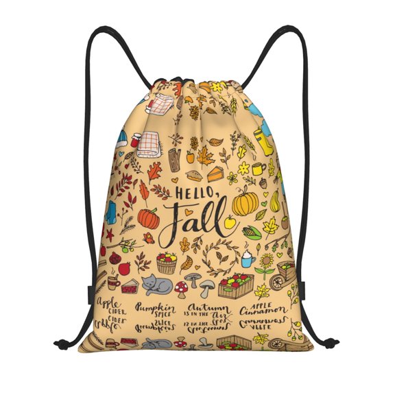 Drawstring Backpack - Hello Fall Autumn Leaves Splash Proof Small Drawstring Gym Bag for Women Men, Cinch Sports String Bag Backpack for Travel Swimming Beach