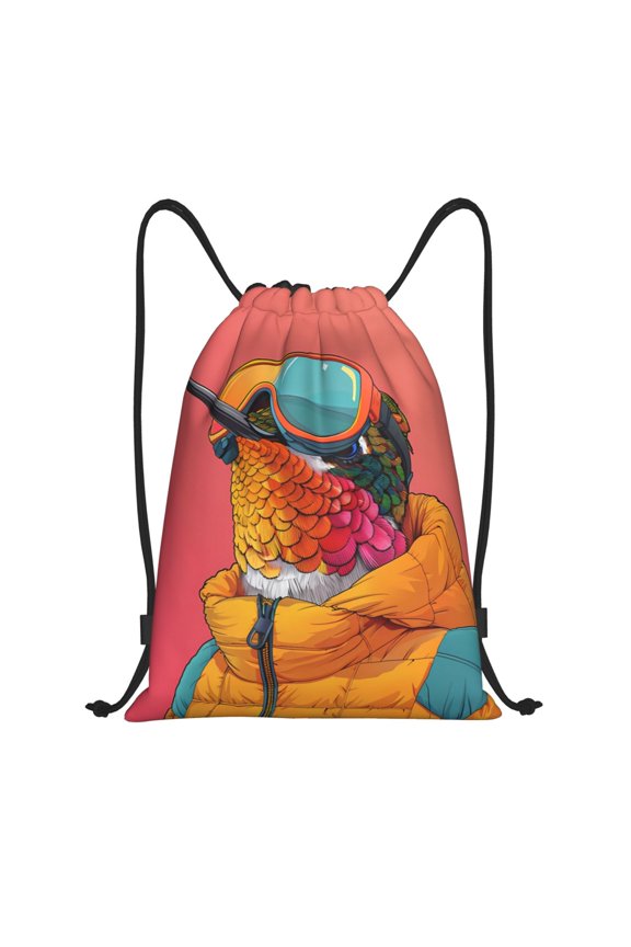 Drawstring Backpack - Hip Hummingbird In Jacket Splash Proof Small Drawstring Gym Bag for Women Men, Cinch Sports String Bag Backpack for Travel Swimming Beach