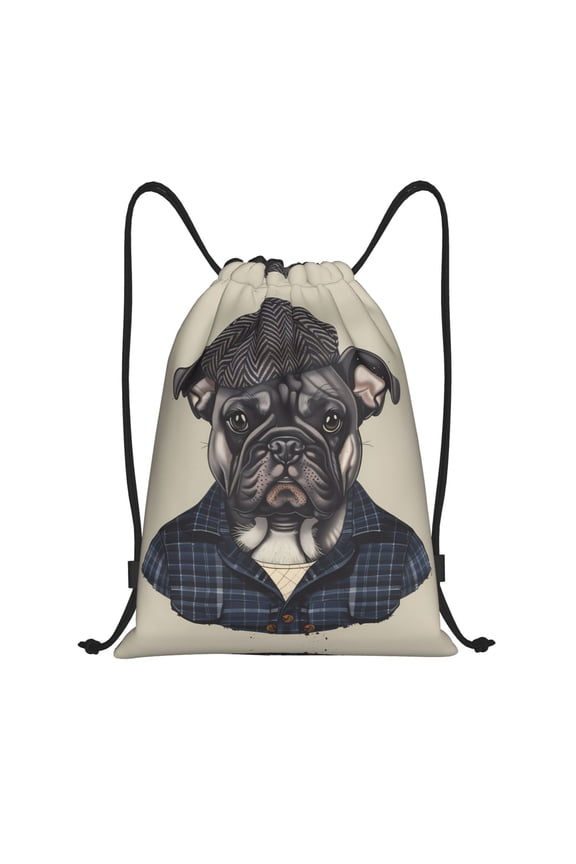 Drawstring Backpack - Hipster Bulldog Illustration Splash Proof Small Drawstring Gym Bag for Women Men, Cinch Sports String Bag Backpack for Travel Swimming Beach