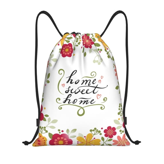 Drawstring Backpack - Home Sweet Home Floral Splash Proof Small Drawstring Gym Bag for Women Men, Cinch Sports String Bag Backpack for Travel Swimming Beach