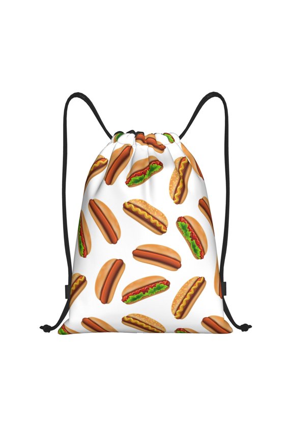 Drawstring Backpack - Hot Dog Print White Splash Proof Small Drawstring Gym Bag for Women Men, Cinch Sports String Bag Backpack for Travel Swimming Beach