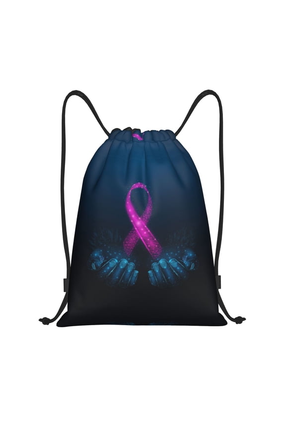 Drawstring Backpack - Human Hands Holds Pink Ribbon Awareness Splash Proof Small Drawstring Gym Bag for Women Men, Cinch Sports String Bag Backpack for Travel Swimming Beach