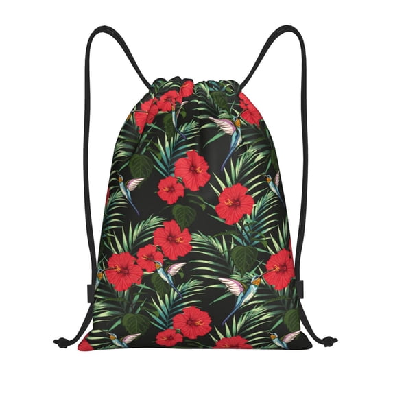 String Backpack Red Drawstring Backpack, Hummingbird Red Hibiscus Light Waterproof Sports ...
