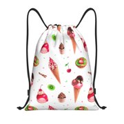 Drawstring Backpack - Ice Cream Fruit Tart Print Splash Proof Small Drawstring Gym Bag for Women Men, Cinch Sports String Bag Backpack for Travel Swimming Beach
