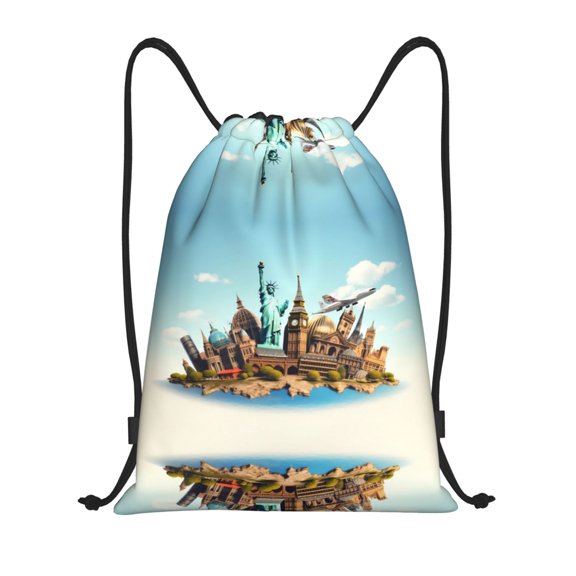 Drawstring Backpack - Iconic Global Landmarks Splash Proof Small Drawstring Gym Bag for Women Men, Cinch Sports String Bag Backpack for Travel Swimming Beach