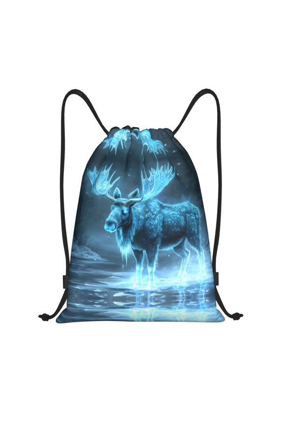 Drawstring Backpack - Icy Glowing Winter Moose Splash Proof Small Drawstring Gym Bag for Women Men, Cinch Sports String Bag Backpack for Travel Swimming Beach