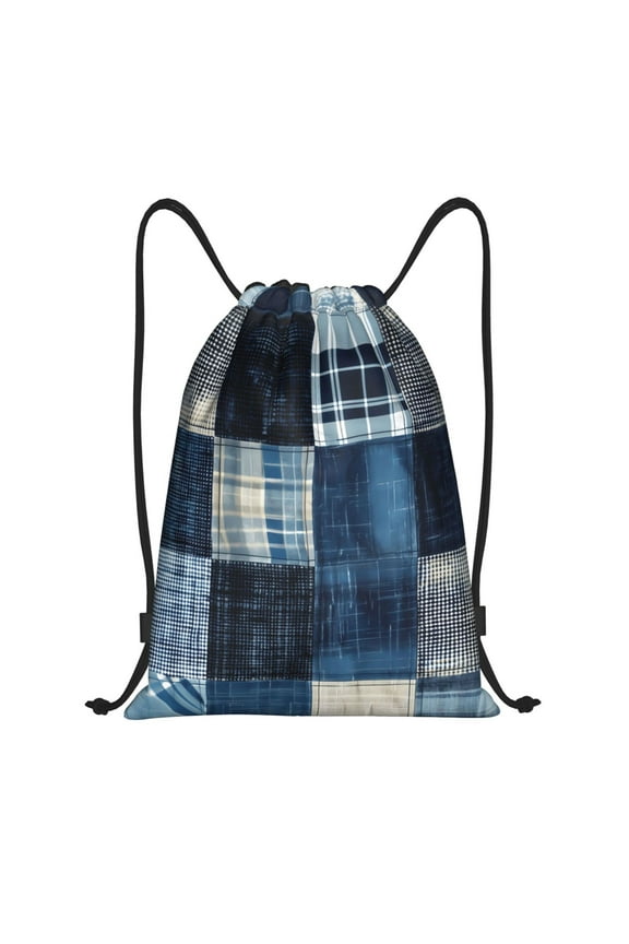 Drawstring Backpack - Indigo Patchwork Quilt Splash Proof Small Drawstring Gym Bag for Women Men, Cinch Sports String Bag Backpack for Travel Swimming Beach