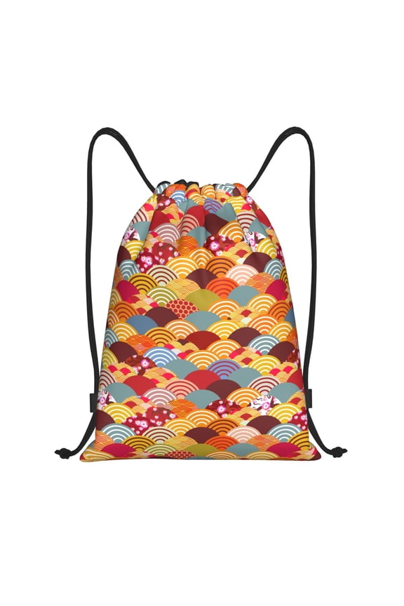 Drawstring Backpack - Japanese Style Fish Scales Splash Proof Small Drawstring Gym Bag for Women Men, Cinch Sports String Bag Backpack for Travel Swimming Beach