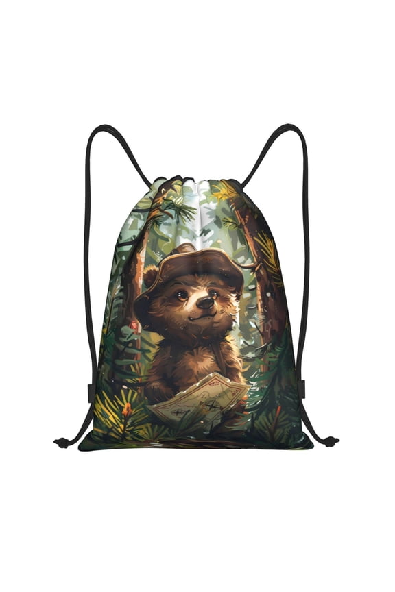 Drawstring Backpack - Jungle Hat Bear Splash Proof Small Drawstring Gym Bag for Women Men, Cinch Sports String Bag Backpack for Travel Swimming Beach