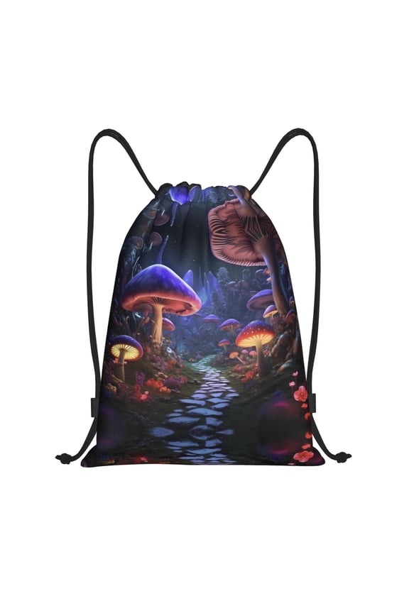 Drawstring Backpack - Jungle Path Glowing Mushrooms Splash Proof Small Drawstring Gym Bag for Women Men, Cinch Sports String Bag Backpack for Travel Swimming Beach