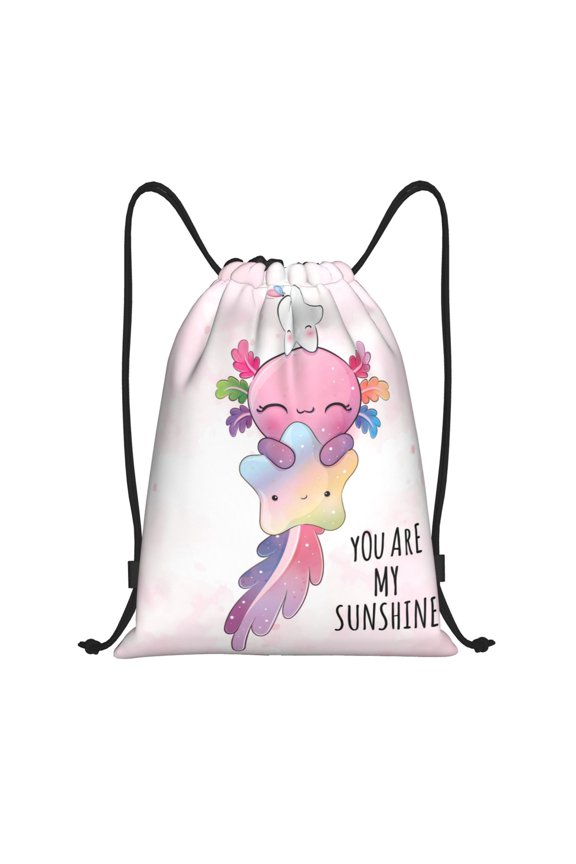 Drawstring Backpack - Kawaii Axolotl Star Hug Splash Proof Small Drawstring Gym Bag for Women Men, Cinch Sports String Bag Backpack for Travel Swimming Beach