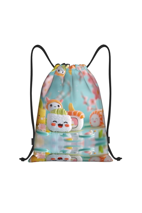 Drawstring Backpack - Kawaii Sushi Characters Delight Splash Proof Small Drawstring Gym Bag for Women Men, Cinch Sports String Bag Backpack for Travel Swimming Beach