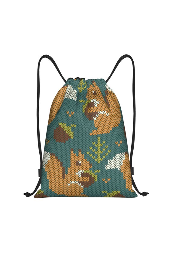 Drawstring Backpack - Knitted Woodland Squirrel Splash Proof Small Drawstring Gym Bag for Women Men, Cinch Sports String Bag Backpack for Travel Swimming Beach