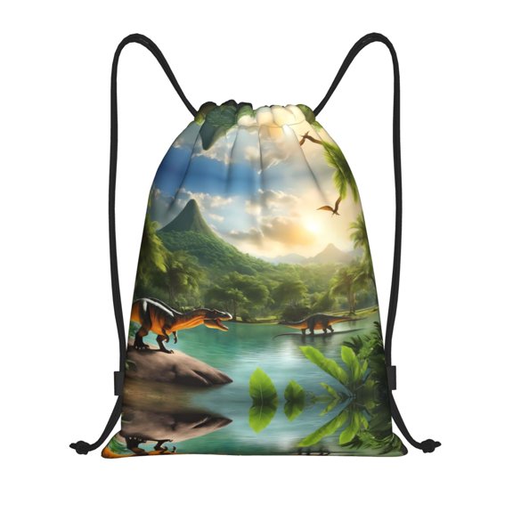 Drawstring Backpack - Lake Forest Dinosaur Splash Proof Small Drawstring Gym Bag for Women Men, Cinch Sports String Bag Backpack for Travel Swimming Beach