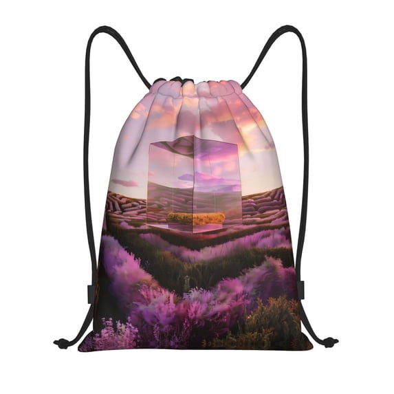 Drawstring Backpack - Lavender Fields Mirror Cube Splash Proof Small Drawstring Gym Bag for Women Men, Cinch Sports String Bag Backpack for Travel Swimming Beach