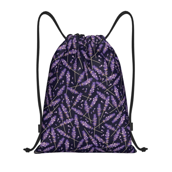 Drawstring Backpack - Lavender Flowers Black Purple Splash Proof Small Drawstring Gym Bag for Women Men, Cinch Sports String Bag Backpack for Travel Swimming Beach