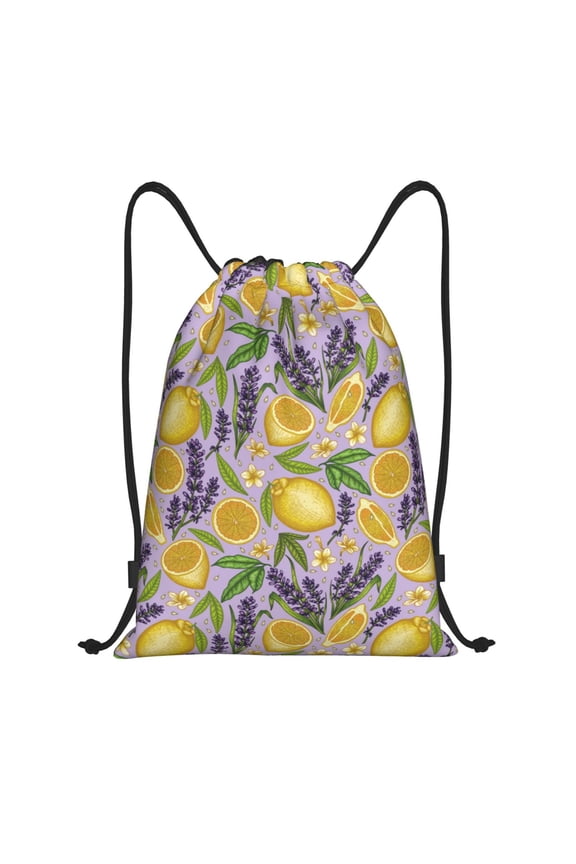 Drawstring Backpack - Lavender Flowers Lemon Slices Splash Proof Small Drawstring Gym Bag for Women Men, Cinch Sports String Bag Backpack for Travel Swimming Beach