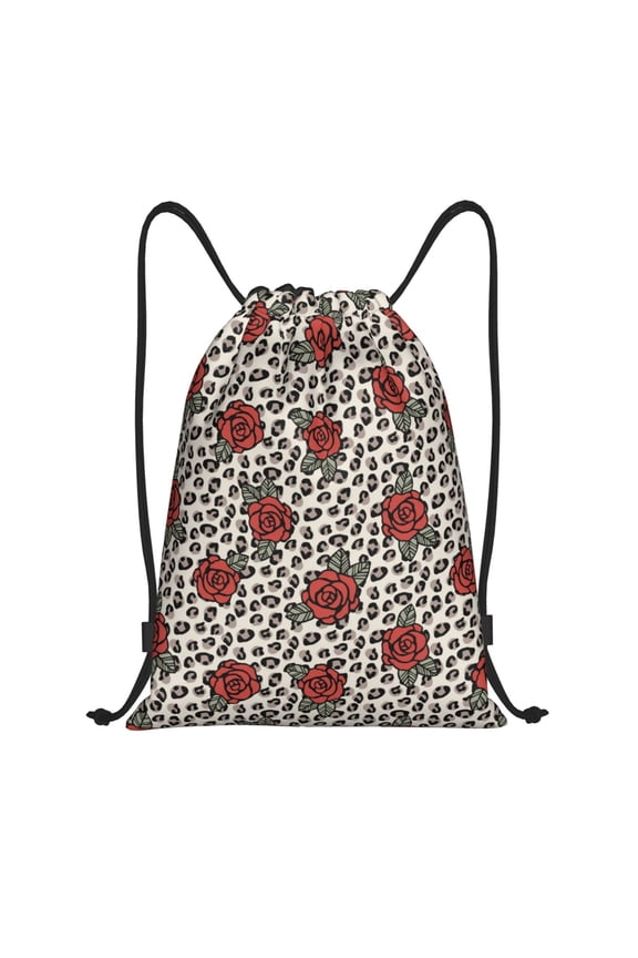 Drawstring Backpack - Leopard print Rose Splash Proof Small Drawstring Gym Bag for Women Men, Cinch Sports String Bag Backpack for Travel Swimming Beach