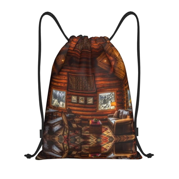Drawstring Backpack - Log Cabin Inside Splash Proof Small Drawstring Gym Bag for Women Men, Cinch Sports String Bag Backpack for Travel Swimming Beach
