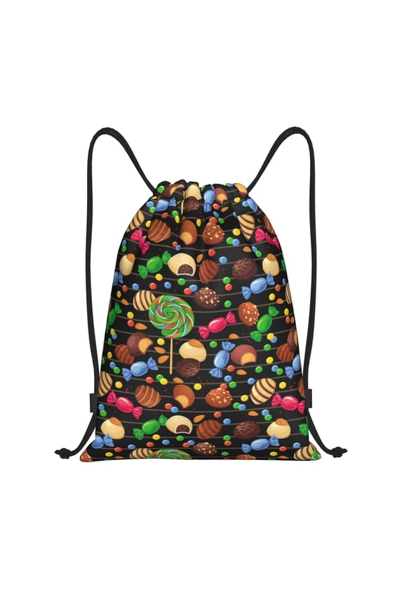 Drawstring Backpack - Lollipop Candy Chocolate Bean Print Splash Proof Small Drawstring Gym Bag for Women Men, Cinch Sports String Bag Backpack for Travel Swimming Beach