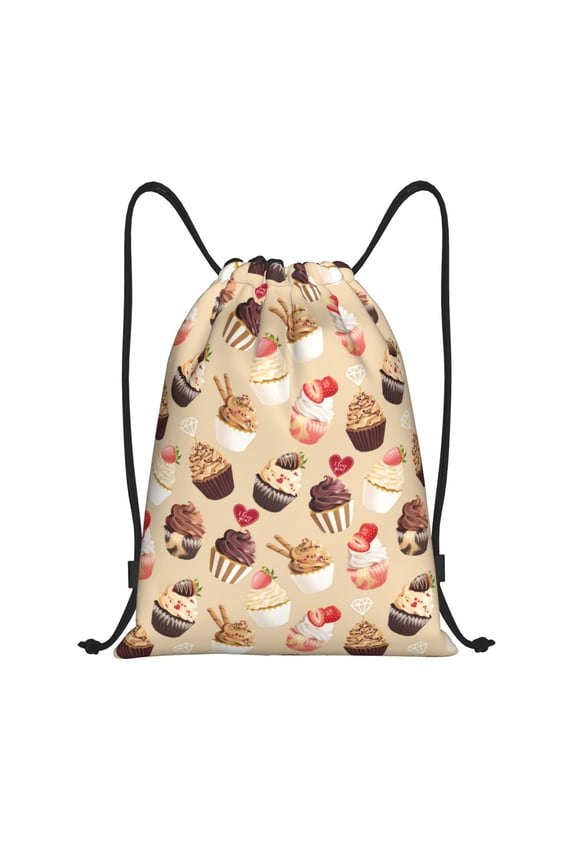 Drawstring Backpack - Love Cupcake Strawberry Print Splash Proof Small Drawstring Gym Bag for Women Men, Cinch Sports String Bag Backpack for Travel Swimming Beach