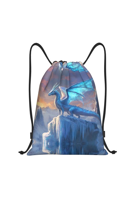 Drawstring Backpack - Majestic Ice Dragon Summit Splash Proof Small Drawstring Gym Bag for Women Men, Cinch Sports String Bag Backpack for Travel Swimming Beach
