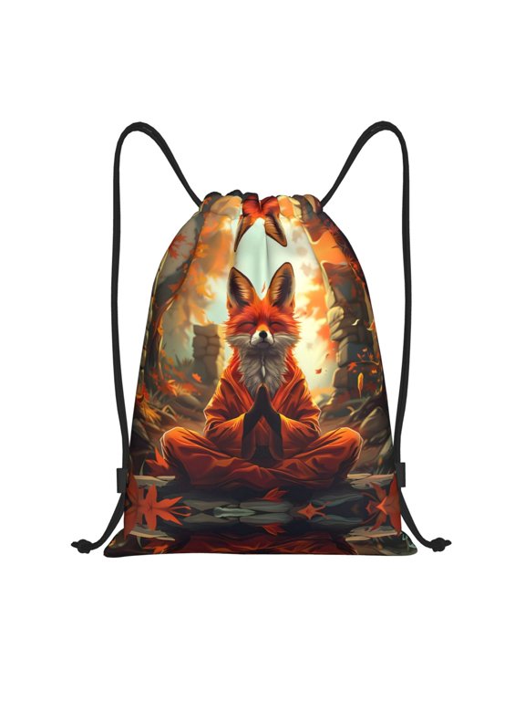 Drawstring Backpack - Maple Leaf Meditating Fox Splash Proof Small Drawstring Gym Bag for Women Men, Cinch Sports String Bag Backpack for Travel Swimming Beach