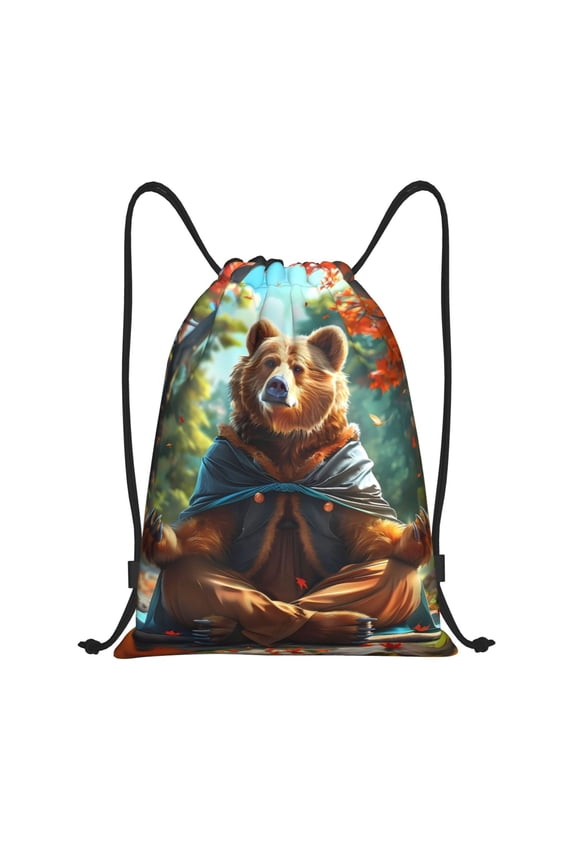 Drawstring Backpack - Maple Meditating Bear Splash Proof Small Drawstring Gym Bag for Women Men, Cinch Sports String Bag Backpack for Travel Swimming Beach