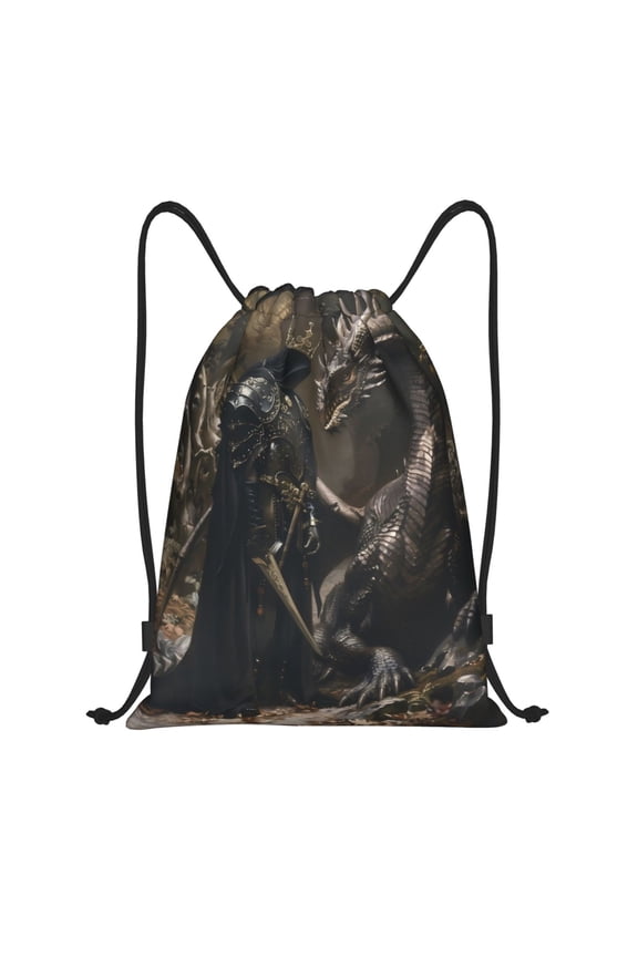 Drawstring Backpack - Medieval Knight And Dragon Splash Proof Small Drawstring Gym Bag for Women Men, Cinch Sports String Bag Backpack for Travel Swimming Beach
