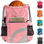 Drawstring Backpack for Men Women 15L Sport Gym Sackpack with Reflective Logo 2 Zipper Pockets 2 Water Bottle Mesh Pockets Waterproof Beach Cinch Backpack for Swim Workout Gear Pink