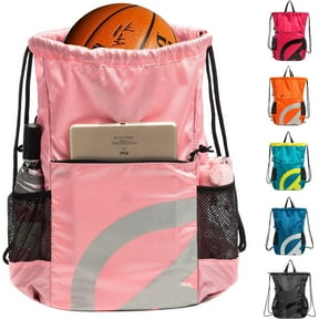 Drawstring Backpack for Men Women 15L Sport Gym Sackpack with Reflective Logo 2 Zipper Pockets 2 Water Bottle Mesh Pockets Waterproof Beach Cinch Backpack for Swim Workout Gear (Pink)
