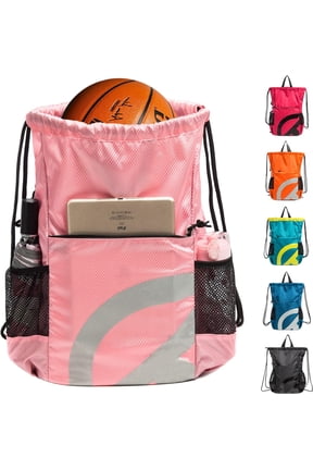 Drawstring Backpack for Men Women 15L Sport Gym Sackpack with Reflective Logo 2 Zipper Pockets 2 Water Bottle Mesh Pockets Waterproof Beach Cinch Backpack for Swim Workout Gear (Pink)