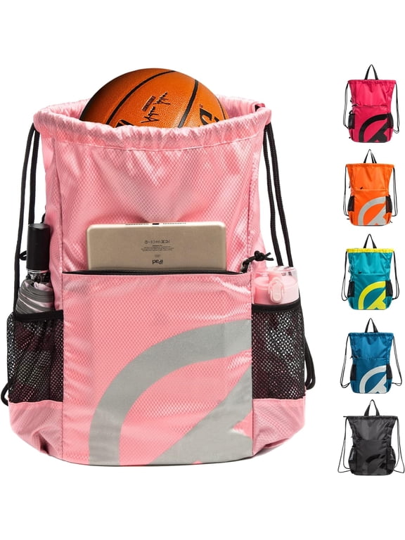 Drawstring Backpack for Men Women 15L Sport Gym Sackpack with Reflective Logo 2 Zipper Pockets 2 Water Bottle Mesh Pockets Waterproof Beach Cinch Backpack for Swim Workout Gear (Pink)